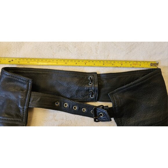 Joe Rocket Mens Black Leather Chaps Medium Open Back Pant 28"-32" Waist - Picture 12 of 13